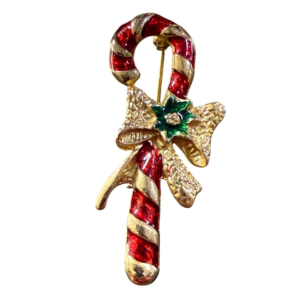 Candy Cane Christmas Brooch Pin‎ Holiday Bow Gold Red Green